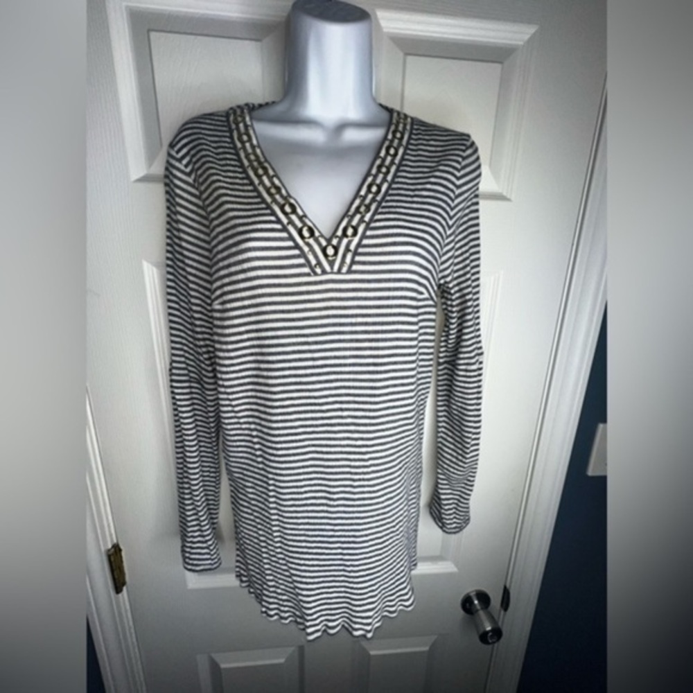 Michael Kors MK Women’s Small Blue Stripe Long Sleeve Tunic Top V-Neck Nautical